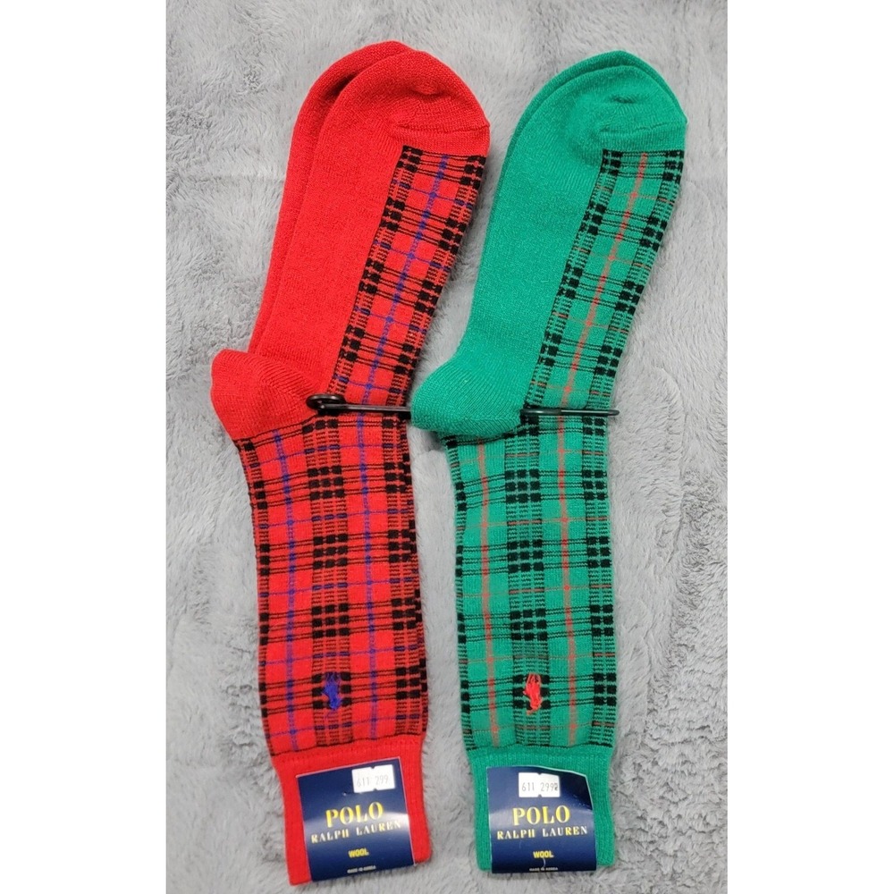 Polo Ralph Lauren Wool Socks Mens 10-13 Red Green Plaid Dress Mid Calf 2 Pairs